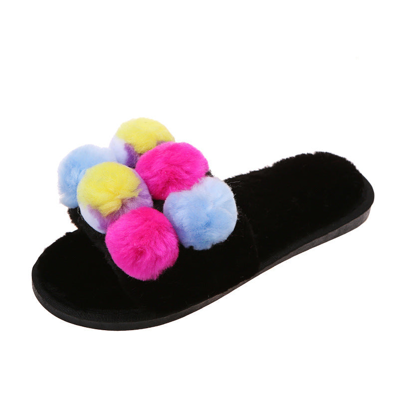Wholesale New Color Fur Ball Flip Flop Flat Plush Cotton Slippers